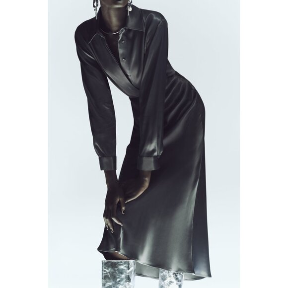 Zara Space Grey Silky Midi Skirt - Picture 1 of 9